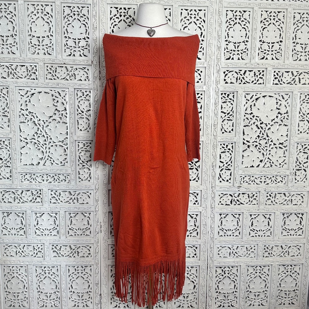 New York & Company Burnt Orange Off The‎ Shoulder Fringe Sweater Dress Sz Small